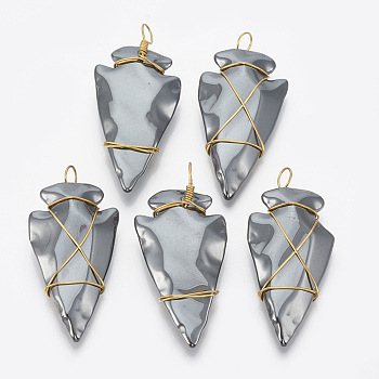 Non-magnetic Synthetic Hematite Pendants, with Golden Tone Brass Findings, Arrows, 46x24~25x9mm, Hole: 5~6x4~5mm