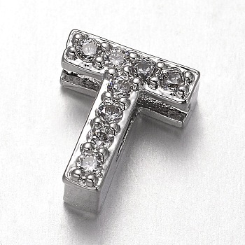 Platinum Plated Brass Micro Pave Cubic Zirconia Letter Slide Charms, Letter.T, 9x8x4.5mm, Hole: 4.5x1.5mm