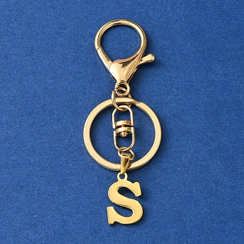 304 Stainless Steel Initial Letter Charm Keychains, with Alloy Clasp, Golden, Letter S, 8.5cm