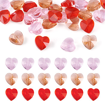 30Pcs 3 Colors Transparent Glass Beads, Faceted, Heart, Mixed Color, 14x14x8.5mm, Hole: 1mm, 10pcs/color