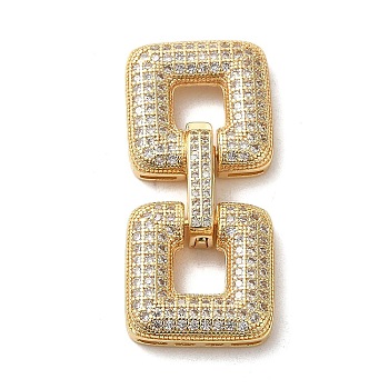 Brass Micro Pave Clear Cubic Zirconia Fold Over Clasps, Square, Real 18K Gold Plated, 38x17mm, Hole: 6x6.5mm