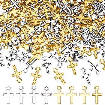 300Pcs 2 Colors Tibetan Style Alloy Pendants, Cross Charms, Antique Silver & Golden, 15.5x8.5x1mm, Hole: 1.5mm, 150pcs/color