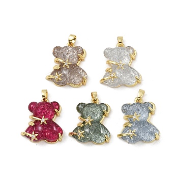 Rack Plating Brass Pendant, with Cubic Zirconia and Resin, Lead Free & Cadmium Free, Long-Lasting Plated, Bear, Mixed Color, 24x20.5x8.5mm, Hole: 4.5x3mm