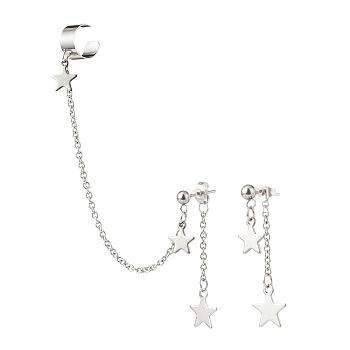 304 Stainless Steel Star Asymmetrical Earrings, Stud Earrings with Dangle Chain Ear Cuff Crawler Climber for Women, Stainless Steel Color, 38~110mm, Pin: 0.8mm, 2Pcs/set