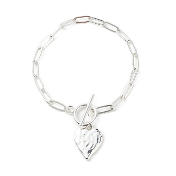 Alloy Heart Charm Bracelet with Brass Paperclip Chains for Woman, Platinum, 7-1/2 inch(19.2cm)