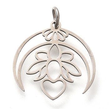 304 Stainless Steel Pendants, with Jump Ring, Moon with Flower Charm, Laser Cut, Stainless Steel Color, 19.5x19x1mm, Hole: 3mm