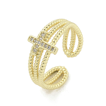 Brass Micro Pave Cubic Zirconia Open Cuff Rings, Cross, Golden, Inner Diameter: 18mm