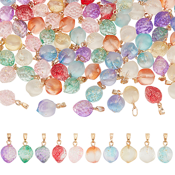 PandaHall Elite 100Pcs 10 Style Two Tone Transparent Spray Painted Glass Pendants, with Golden Plated Iron Bails and Gold Foil, Strawberry & Peach Charms, Mixed Color, 16~18x11~12x10~12mm, Hole: 6x2mm, 10Pcs/style