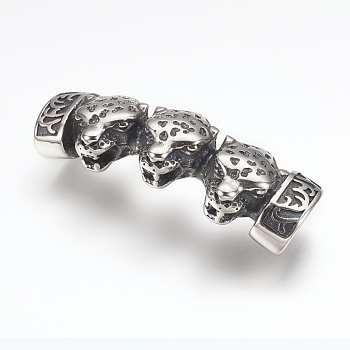 304 Stainless Steel Slide Charms, Leapord Head, Antique Silver, 47x15.5x9mm, Hole: 7x12mm