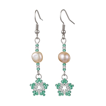 Natural Pearl Dangle Earrings, TOHO Seed Beaded Star Long Drop Earrings with 304 Stainless Steel Pins, Medium Sea Green, 54x12mm