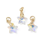 AB Color Plated Glass Pendants, Star Charm, 304 Stainless Steel Open Jump Rings, Real 18K Gold Plated, Faceted, Clear AB, 15.5x10x5mm, Hole: 3.5mm(PALLOY-JF05675)