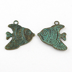 Zinc Alloy Pendants, Cadmium Free & Lead Free, Fish, Antique Bronze & Green Patina, 33x29x2mm, Hole: 3mm(PALLOY-R065-050-LF)