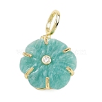 Natural Amazonite Carved Pendants, Flower Charms with Brass Pave Clear Cubic Zirconia Settings, Golden, Rack Plating, 18.5x16.5x7mm, Hole: 6x4mm(G-G330-01G-07)