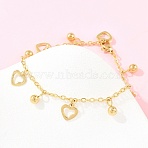 304 Stainless Steel Bracelets, Heart, with 201 Steel Beads, Ion Plating(IP), Golden, 7.09 inch(18cm)(BJEW-D458-07G)