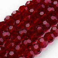 Transparent Glass Bead Strands, Imitate Austrian Crystal, Faceted(32 Facets), Round, Dark Red, 6mm, Hole: 1mm, about 96~98pcs/strand, 20~21 inch(GLAA-G013-6mm-97)