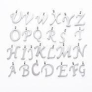 304 Stainless Steel Alphabet Pendants, Initial Letter A~Z, Stainless Steel Color, 15~19x5.5~19x2mm, Hole: 2mm(STAS-F129-P)
