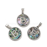 304 Stainless Steel with Paua Shell Pendants, Stainless Steel Color, Flat Round with Letter Charm, Letter.B, 18x16x1.5mm, Hole: 3x6mm(STAS-G268-02B-P)