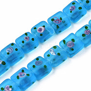 Handmade Frosted Lampwork Beads Strands, Square with Flower, Deep Sky Blue, 13~14.5x12~13x7~9mm, Hole: 1.5mm, about 35pcs/strand, 17.72 inch(45cm)(LAMP-N021-38C)