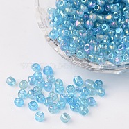 6/0 Transparent Rainbow Colours Round Glass Seed Beads, Aqua, Size: about 4mm in diameter, hole:1.5mm, about 495pcs/50g(X-SEED-A007-4mm-163)