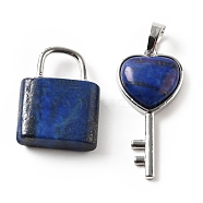 Natural Lapis Lazuli Pendants, with Platinum Tone Brass Findings, Key & Lock, 27~36.5x17~19.5x6.5~7mm, Hole: 8~9x5~9mm(G-E580-01P-07)