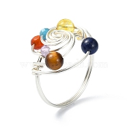 Copper Wire Wrapped Vortex Finger Ring, Natural Mixed Gemstone Beaded Chakra Ring, Silver, US Size 8 1/4(18.3mm)(RJEW-TA00101-02)