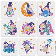 US 1 Set Spaceman Gnome Theme PET Hollow Out Drawing Painting Stencils, for DIY Scrapbook, Photo Album, with 1Pc Art Paint Brushes, Mixed Shapes, 300x300mm, 9pcs/set(DIY-MA0004-56)