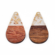 Transparent Resin & Walnut Wood Pendants, with Foil, Teardrop Charm, Gold, 38x22x3mm, Hole: 2mm(RESI-N025-030-A01)