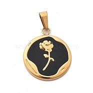 Plastic Pendants, with Ion Plating(IP) 304 Stainless Steel Findings, Real 18K Gold Plated, Flat Round with Rose, Black, 21.5x18x2mm, Hole: 6x3mm(STAS-P378-03G-01)