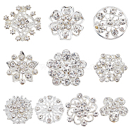 9pcs 9 style Rhinestone Flower Lapel Pins, Silver Plated Alloy Exquisite Brooch for Women Wedding Party, Crystal, 19~35.5x20~36x3~9mm, Pin: 0.7~0.9mm, 1Pc/style(JEWB-NB0001-18)