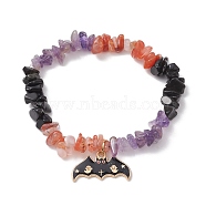 Natural South Red Agate & Amethyst & Obsidian Chips Beaded Stretch Bracelets, Halloween Bat Alloy Enamel Charm Bracelets, Inner Diameter: 2 inch(5.2cm), Bat: 13.5x25x2mm(BJEW-TA00493)