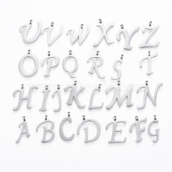 304 Stainless Steel Alphabet Pendants, Initial Letter A~Z, Stainless Steel Color, 15~19x5.5~19x2mm, Hole: 2mm(STAS-F129-P)