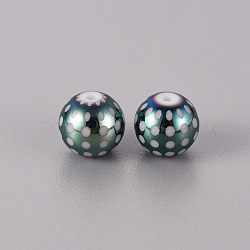 Electroplate Glass Beads, Round with Dots Pattern, Green Plated, 10mm, Hole: 1.2mm(EGLA-Q123-004A)