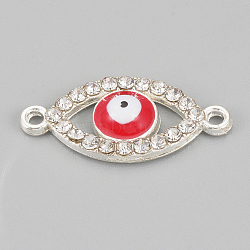 Alloy Rhinestone Links connectors, Cadmium Free & Lead Free, Evil Eye, Red, Silver Color Plated, 22x10x2mm, Hole: 1mm(X-ALRI-S170-22S)