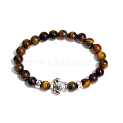 Natural Tiger Eye Round Beaded Stretch Bracelet with Turtle(UL4697-1)