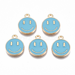 Alloy Enamel Charms, Cadmium Free & Lead Free, Smiling Face, Light Gold, Deep Sky Blue, 14.5x12x1.5mm, Hole: 1.5mm(X-ENAM-S121-165B-RS)