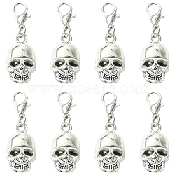 10Pcs Alloy Skull Pendant Decorations, with Lobster Claw Clasps, Antique Silver, 34mm(HJEW-YW00204)