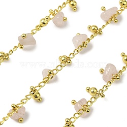 Handmade Brass Nuggets Link Chains, with Natural Rose Quartz Beads & Spool, Long-Lasting Plated, Rack Plating, Soldered, Lead Free & Cadmium Free, Real 18K Gold Plated, Charm: 6.5x2.5mm(CHC-L053-11G-04)