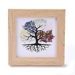 Tree of Life Gemstone Chips Picture Frame Stand, with Wood Square Frame, Feng Shui Money Tree Picture Frame Home Office Decoration, 66x130x120mm, Inner Diameter: 90x90mm(DJEW-F021-02D)
