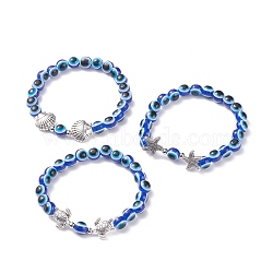3Pcs 3 Style Evil Eye Resin Beaded Stretch Bracelets Set with Sea Turtle & Starfish & Shell for Women, Antique Silver, Blue, Inner Diameter: 2-1/4 inch(5.7cm)(BJEW-JB07542)