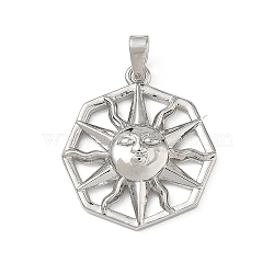 Brass Pendants, Octagon with Sun Face Charms, Platinum, 22x20x4mm, Hole: 5x2.7mm(KK-F939-03P)