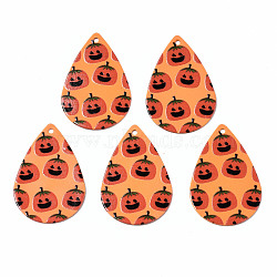 Spray Painted Iron Pendants, Rubberized Style, 3D Printed,  Halloween Pumpkin Jack O Lantern Print Pattern, Teardrop, Coral, 27.5x18x0.5mm, Hole: 1.2mm(IFIN-T016-90)