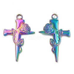 Ion Plating(IP) 304 Stainless Steel Pendants, Cross with Rose Charm, Rainbow Color, 31.5x19.5x2mm, Hole: 2.6mm(STAS-L020-028RC)