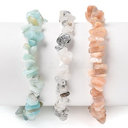 Chips Natural Rutilated Quartz & Flower Amazonite & Sunstone Beaded Stretch Bracelets Sets, Stackable Bracelets, Inner Diameter: 2-1/8 inch(5.5cm), 3pcs/set(BJEW-JB05332-06)