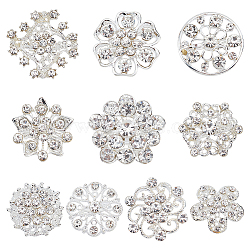 9pcs 9 style Rhinestone Flower Lapel Pins, Silver Plated Alloy Exquisite Brooch for Women Wedding Party, Crystal, 19~35.5x20~36x3~9mm, Pin: 0.7~0.9mm, 1Pc/style(JEWB-NB0001-18)