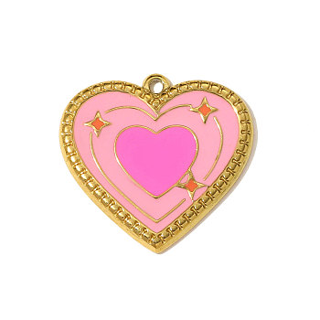 304 Stainless Steel Enamel Pendants, Heart  Charm, Ion Plating(IP), Pearl Pink, Real 18K Gold Plated, 25x24mm
