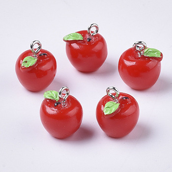 Apple Resin Charms, with Platinum Tone Iron Screw Eye Pin Peg Bails, Red, 15x12mm, Hole: 2mm