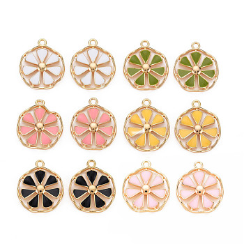 Brass Enamel Pendants, Nickel Free, Real 18K Gold Plated, Flower, Mixed Color, 18x15x2.5mm, Hole: 1.5mm