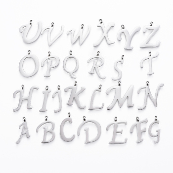 304 Stainless Steel Alphabet Pendants, Initial Letter A~Z, Stainless Steel Color, 15~19x5.5~19x2mm, Hole: 2mm