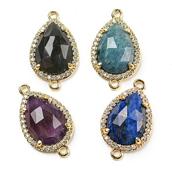 Natural Mixed Gemstone Faceted Teardrop Connector Charms, Rack Plating Brass Micro Pave Clear Cubic Zirconia Links, Golden, 23x13.5x5mm, Hole: 1.6mm