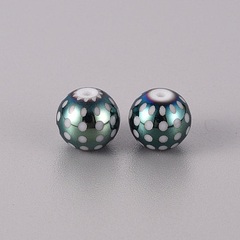 Electroplate Glass Beads, Round with Dots Pattern, Green Plated, 10mm, Hole: 1.2mm